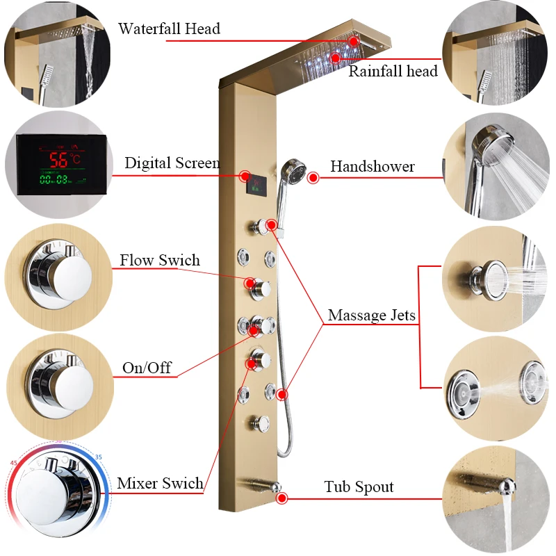 Роскошный черный матовый золотой душевая колонна кран светодиодный светильник Ванная комната Ванна Душ Системы спа распылитель для массажа Температура Экран шоу