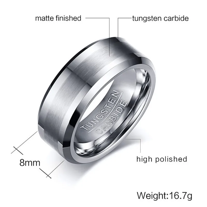 Мужские матовые кольца из карбида вольфрама серебристого цвета Caibide Fiber Anillos Masculino