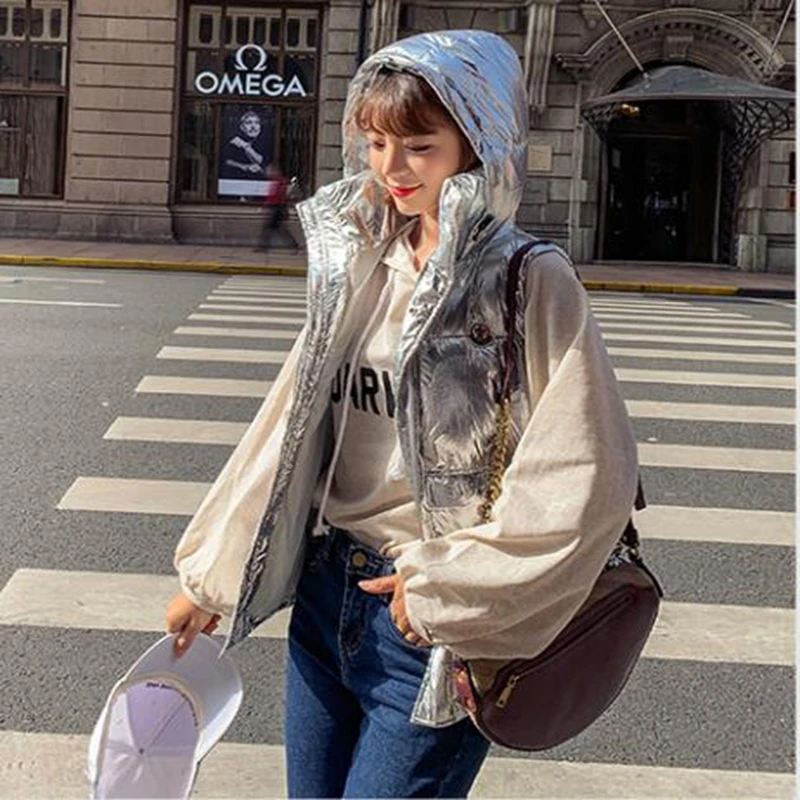 b Winter Vest Chalecos Para Mujer Winter Jacket Women Long Vest New Korean Hooded down Cotton Silver Women Vest Gilet Femme