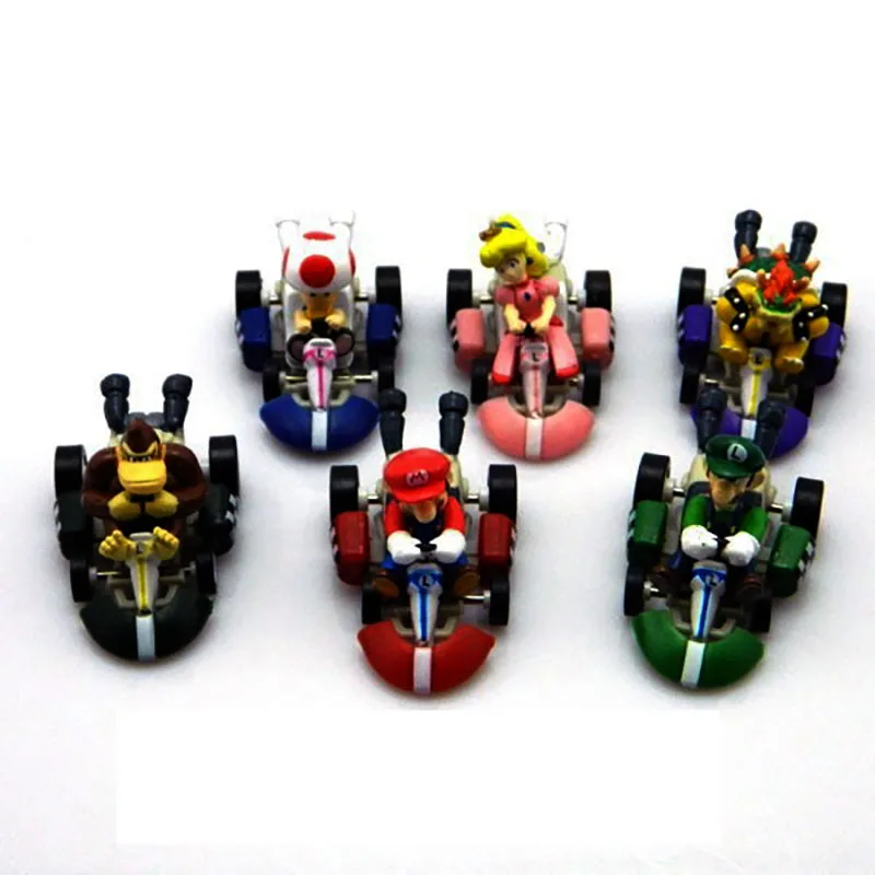 6pcs/set Super Mario Bros Figures Anime Luigi Dinosaurs Donkey Kong Bowser Kart Pull Back Car Hot Toys for Children