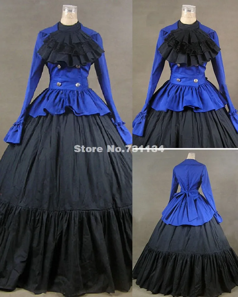Синий и черный с длинными рукавами бантом Средневековый Ренессанс плюс размер готический викторианской бальное платье, Hallowmas платье костюмы
