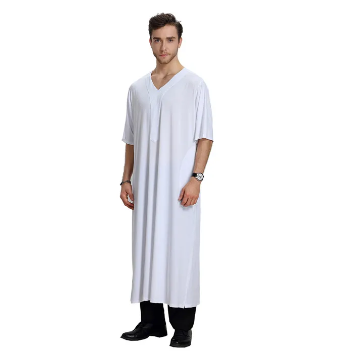 Мусульманский abaya Арабский Кафтан с короткими рукавами Исламская одежда Ближний Восток Исламская одежда мужская Тауб V воротник мужские халаты TH806