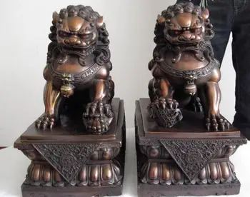 

14 China Red Bronze Copper FengShui Palace Evil Door Fu Foo Dog Lion Statue Pair