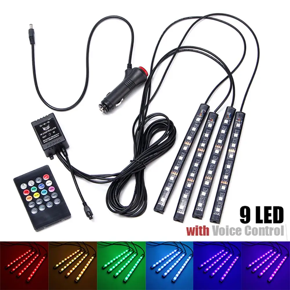 

4Pcs 9 LED Auto Car Interior Remote Music RGB Strip Light Floor Atmosphere Lamp
