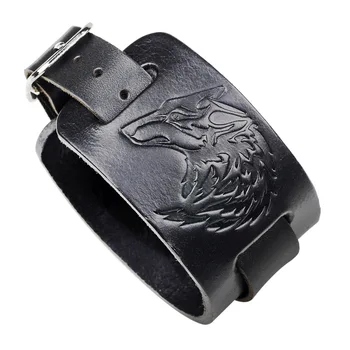 

VOQ New Animal Wolf Bracelet Black & Brown Genuine Leather Process Embossed Wrap Bracelet Man 2019 Adjustable Wristband Jewelry