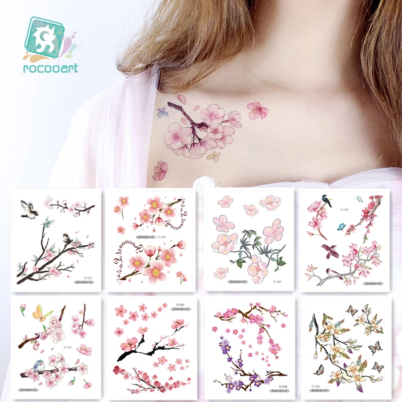 Rocooart Flowers Fake Sakura Tattoo Stickers Chest Taty Waterproof Tatoo Brid Cherry Blossom tree For Women Tattoo Body Taty mark ryden new style man waterproof single shoulder pack business leisure chest pack