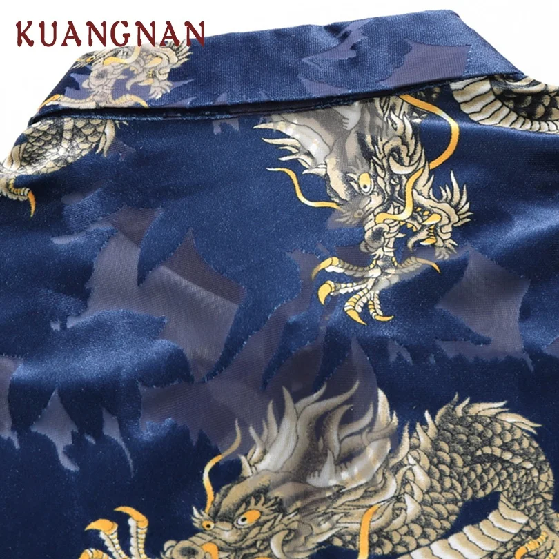 KUANGNAN китайская рубашка с золотыми драконами Мужская Уличная Повседневная летняя рубашка мужская гавайская рубашка с коротким рукавом Одежда 5XL