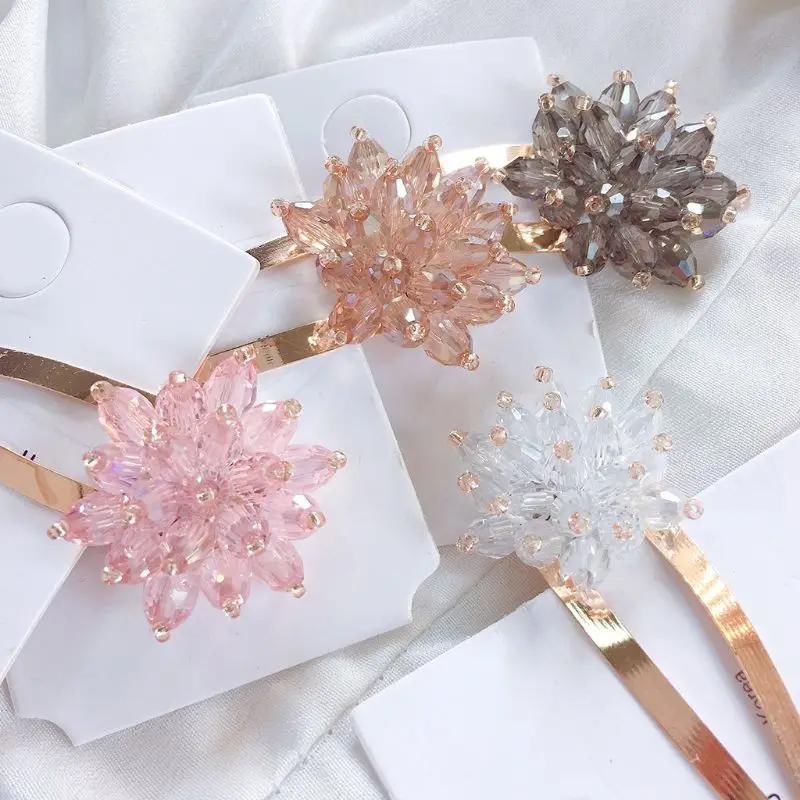 

Women Girl Imitation Crystal Flower Water Drop BB Snap Barrette Handmade Beading Long Strip One Word Hairpins Hair Clip 2Pcs/Set