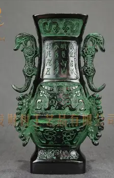 

Chinese folk sculpture bronzes,Shuanglong Zun,Ornament 19 cm high family ornaments