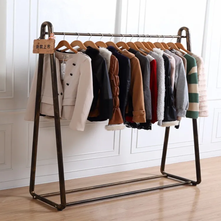 Cheap Iron horizontal bar floor clothes hangers display rack clothing
