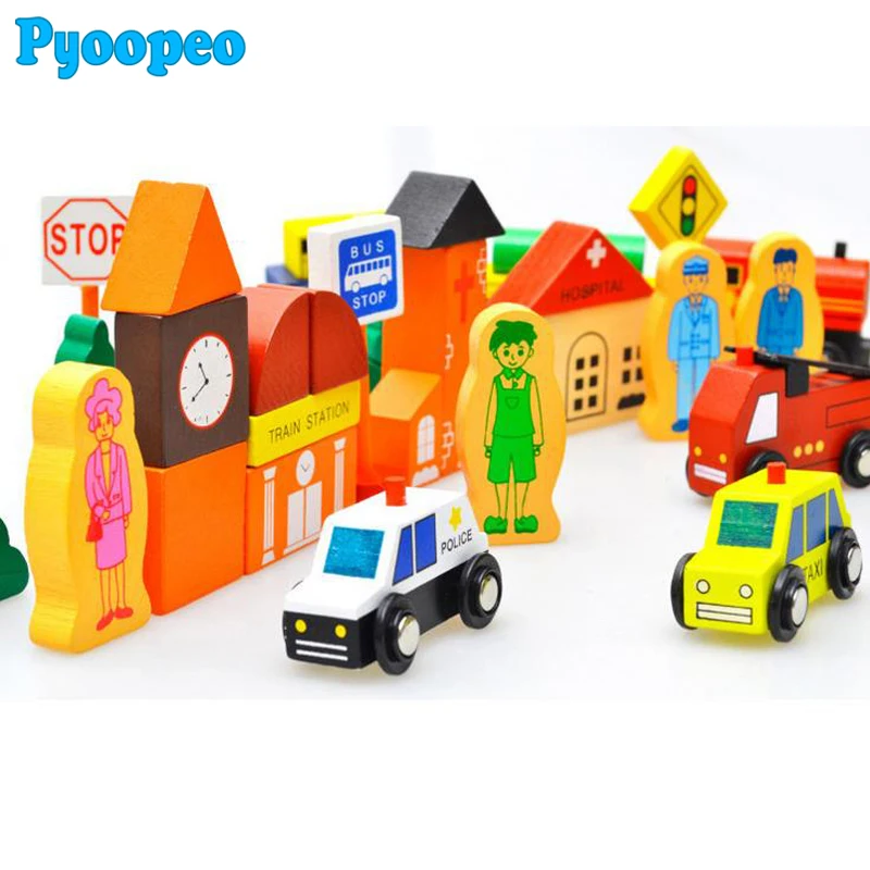 

Pyoopeo City traffic building block Children Wooden Blocks Colorful Number Geometry Shape Cognitive DIY Building Blocks