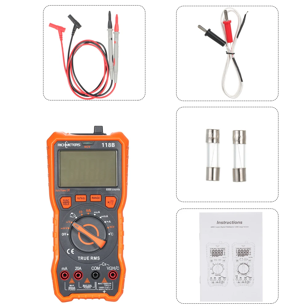 Цифровой мультиметр рихметров 118B/118C 20A True-RMS 100mF емкость магнит AC/DC Напряжение Ток температура
