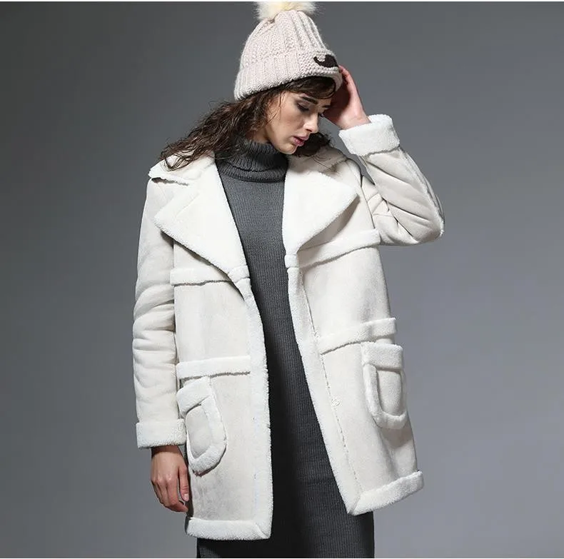 Длинный замшевый плащ из овчины, зимняя куртка, женские толстые теплые пальто с отворотом, пальто, Jaqueta De Couro Feminino