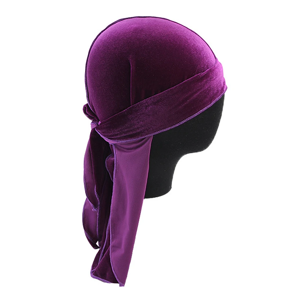 Women Men Long Tail Plain Velvet Bandana Turban Hat Durag Headwear Pirate Cap Head Wraps