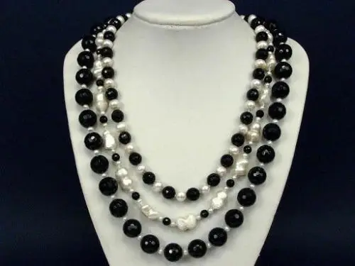 

Hot sell Noble- hot sell new - HOT3418 3 Rows Black Onyx and Pearls Faceted Round Beads Necklace