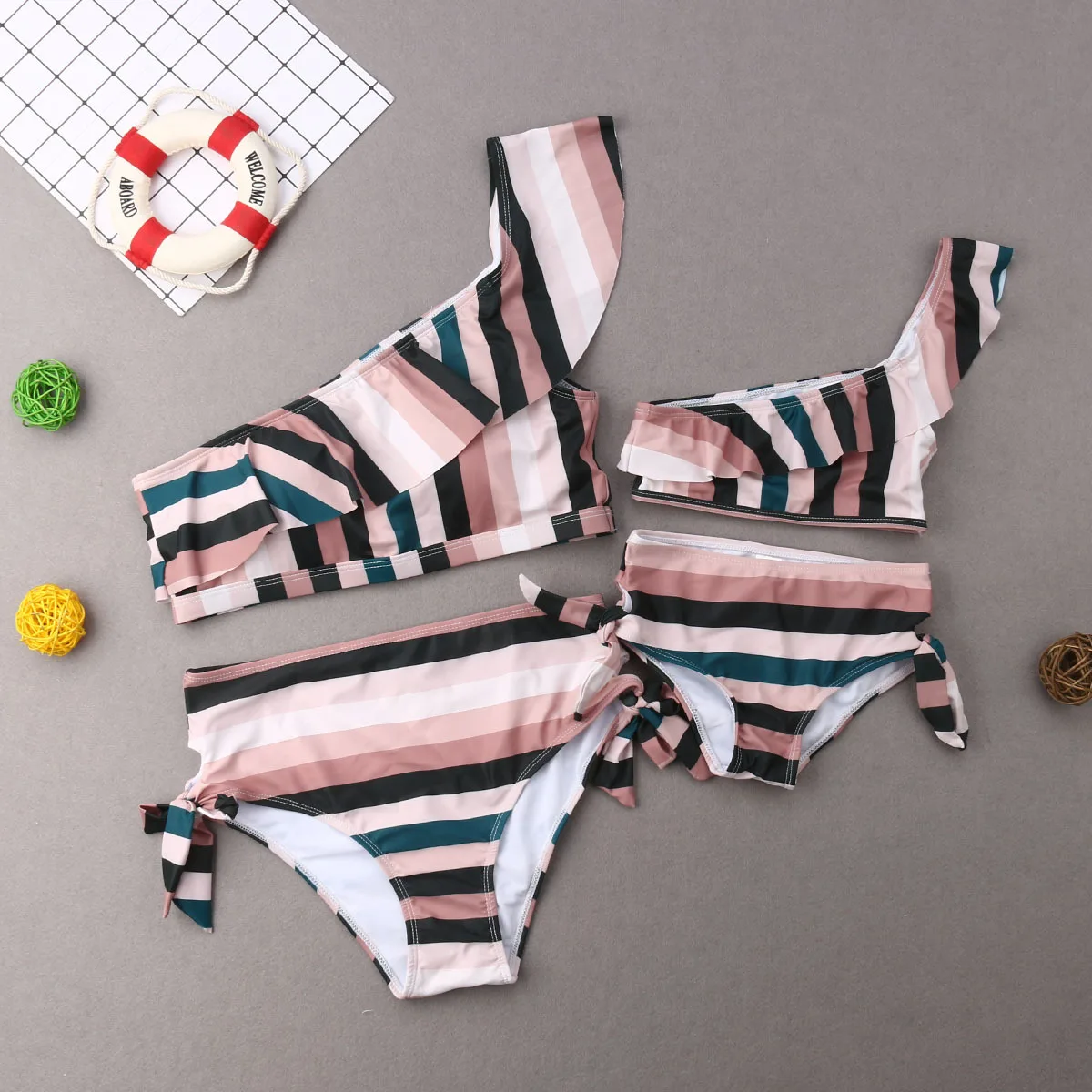 

one-shoulder mother daughter swimsuits striped mommy and me swimwear family matching outfits clothes look mom baby beach bikini