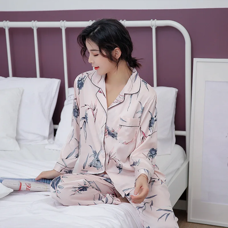 Smmoloa шелковые пижамы для женщин Пижамный набор из шелка с длинными рукавами и отложным воротником модная Пижама Новинка