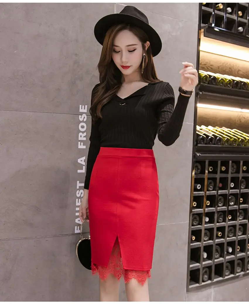 SEXMKL плюс размер Элегантная эластичная черная юбка женская корейская Зимняя юбка кружевная Лоскутная офисная мини юбка-карандаш с высокой талией