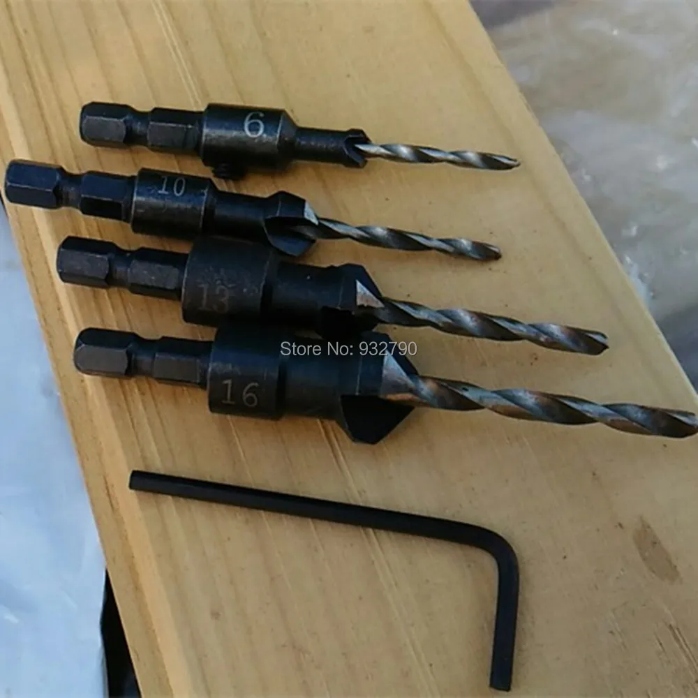 

4pc 6# 10# 13# 16# 1/4" Hex Quick Change Shank Countersink Tapered Drills Bits Cone Reaming Drill Bit Set Wood Woodworking Tools
