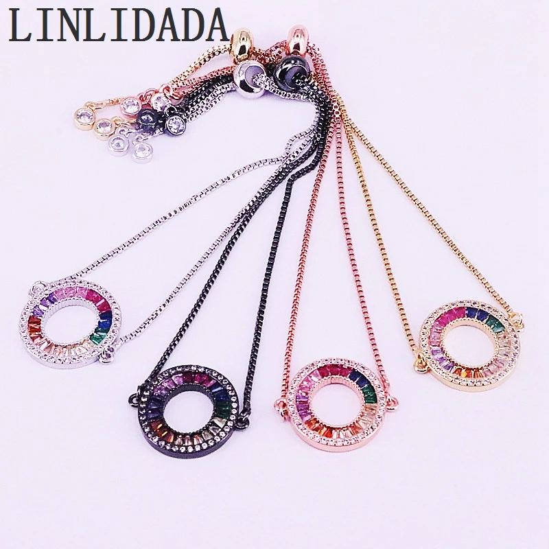 

8Pcs Rainbow Colorful Zirconia Circle Charm CZ Micro Pave Fashion Link Chain Slider Bracelets Jewelry Gifts
