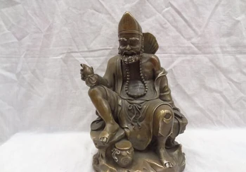 

S3744 11" Chinese Bronze Copper Buddhist Joss Ji Gong Arhat LivingBuddha Gourd Statue