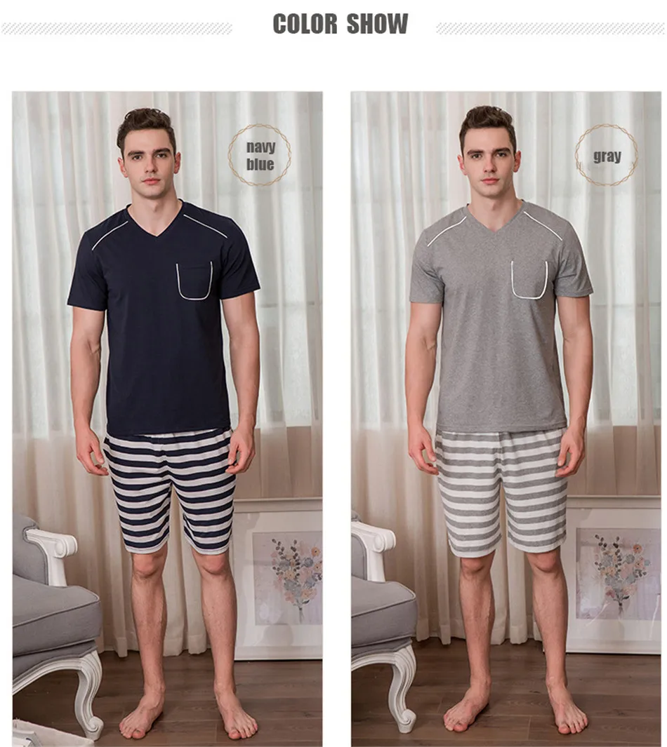 QIANXIU летние мужские с коротким рукавом пижамы набор Вязание Чистый хлопок v-образный вырез можно носить снаружи пижамы эластичность
