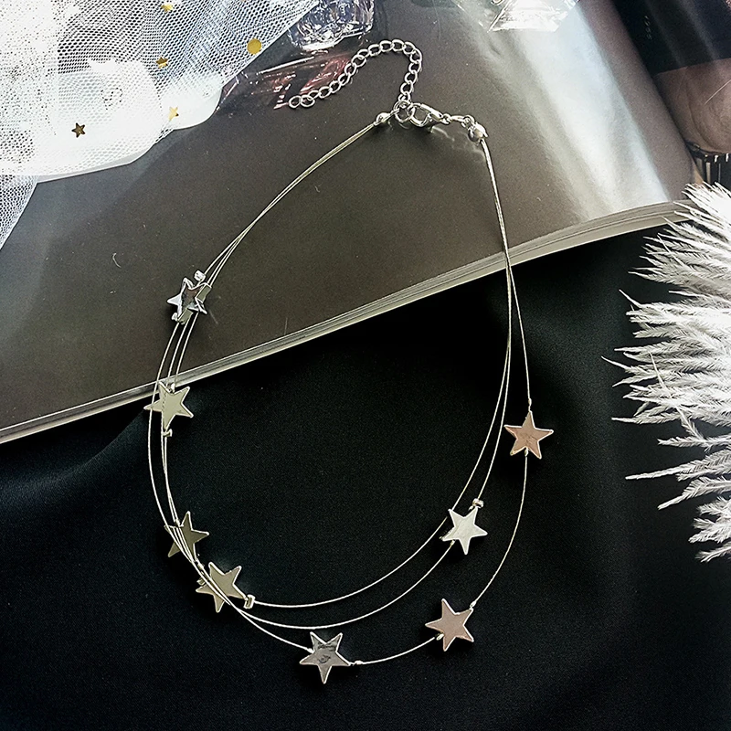 SRCOI серебряного цвета многослойный ожерелье-чокер со звездами простые Многослойные богемные Чокеры невидимая цепочка ожерелье женское колье ювелирные изделия