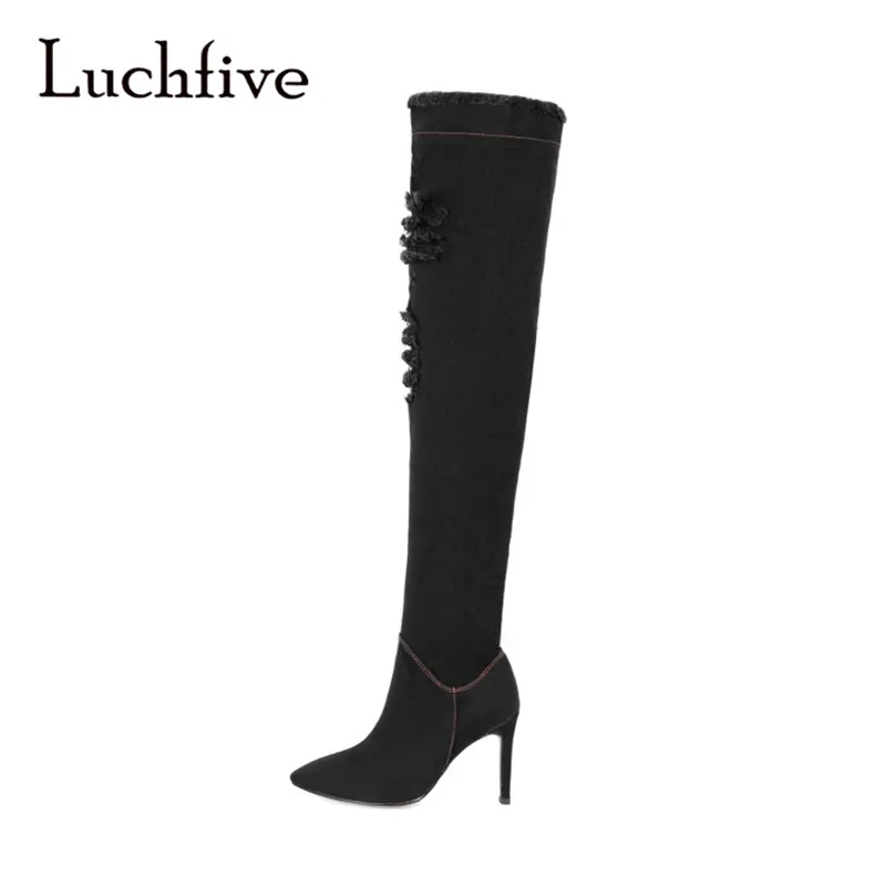 

New denim women booties sexy pointed toe thin high heels Over the knee boots fashion zipper black dark blue female shoes