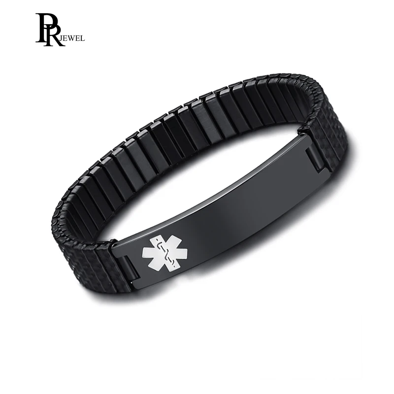 

Free Custom DIY Engraved Stainless Surgical Steel Medical Alert ID Tag Bracelets IP Plated Black Color Stretch Bracelet