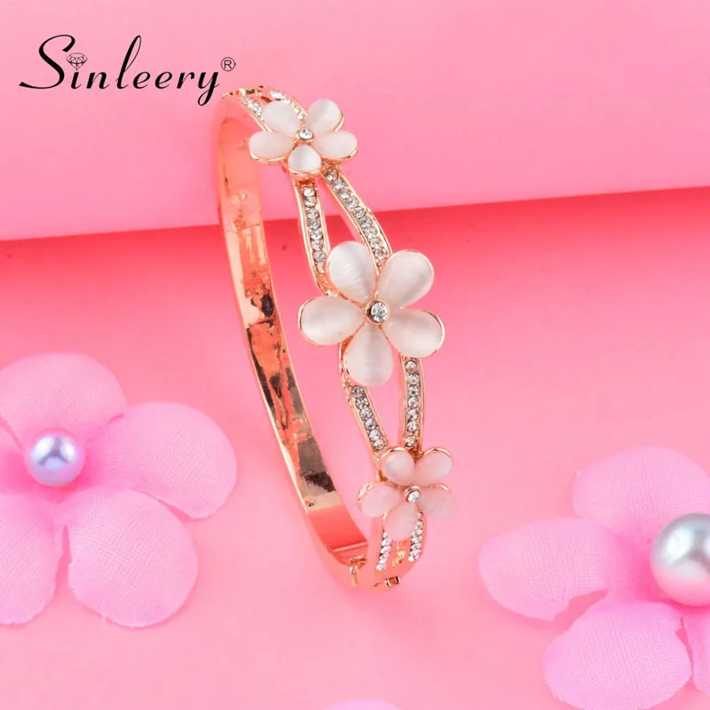 

SINLEERY Lovely Hollow Three Opal Flowers Bracelets For Women Rose Gold Color Inlay Crystal Bangle Fashion Jewelry SL327 SSA