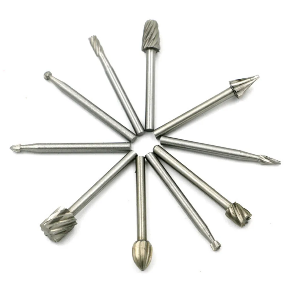 10pcs Mini Round HSS Rotary Burr Set Wood Carving File Rasp Drill Bits Tools