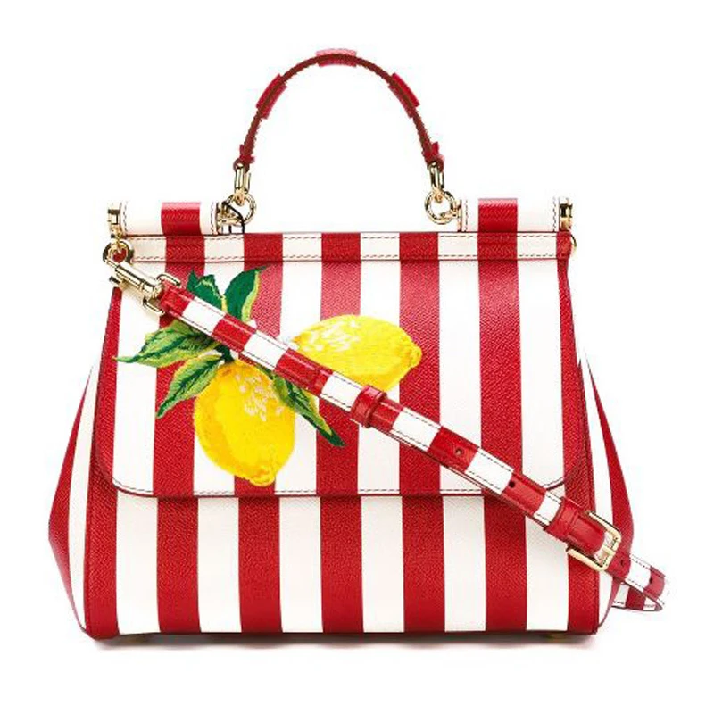 Sicilian red and white stripes women's bag European and American fashion lemon printing handbag mini handbags