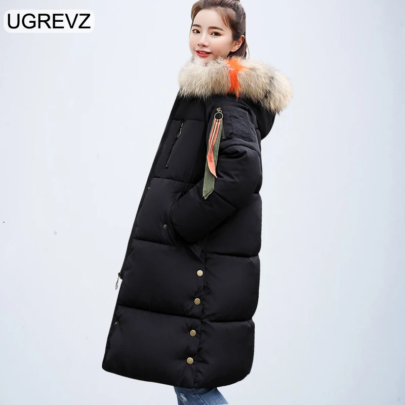 UGREVZ 2018 Winter Women Hooded Coat Fur Collar Thicken