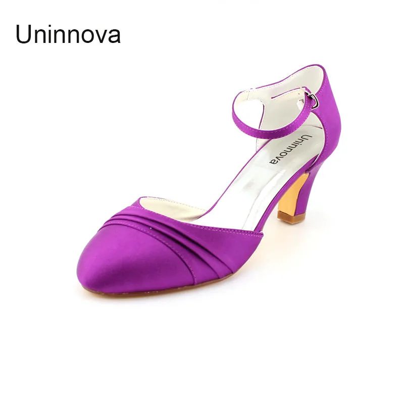 Women's Med Heel Wedding D'Orsay Ankle Wrap Classic Pleated Satin White Ivory Court Shoes Pumps