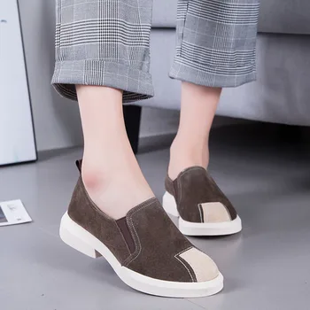 

Fashion Women'S Shoes Spring New Casual Genuine Leather Women'S Shoes Stitching Retro Versatile Non-Slip Slip-On Shoes Female