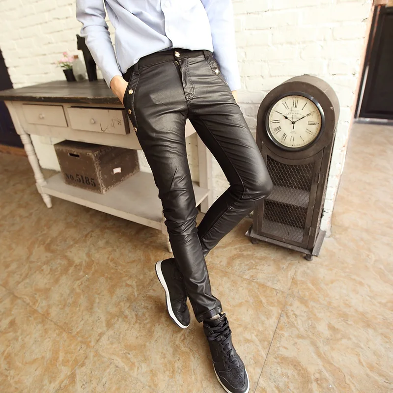 

Rock leather jeans pants men with rivet Slant pocket Autumn Winter
