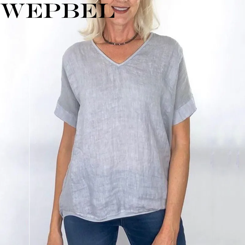 Wepbel عارضة الصيف T قميص المرأة فضفاضة الأساسية تي شيرت برقبة مثلثة بلون المحملة قميص الإناث أعلى قصيرة الأكمام