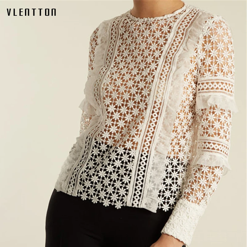 

Sexy Hollow Out Women's Shirts Blouses O-Neck Long sleeve Ruffles Embroidery Floral White Lace Blouse Top Women Chemise Femme