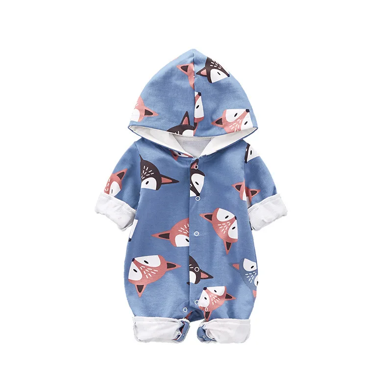 Сезон весна-осень; теплый комбинезон для новорожденных девочек и мальчиков; комбинезон с длинными рукавами и капюшоном с рисунком лисы; детская одежда; милый костюм с животными - Цвет: Blue