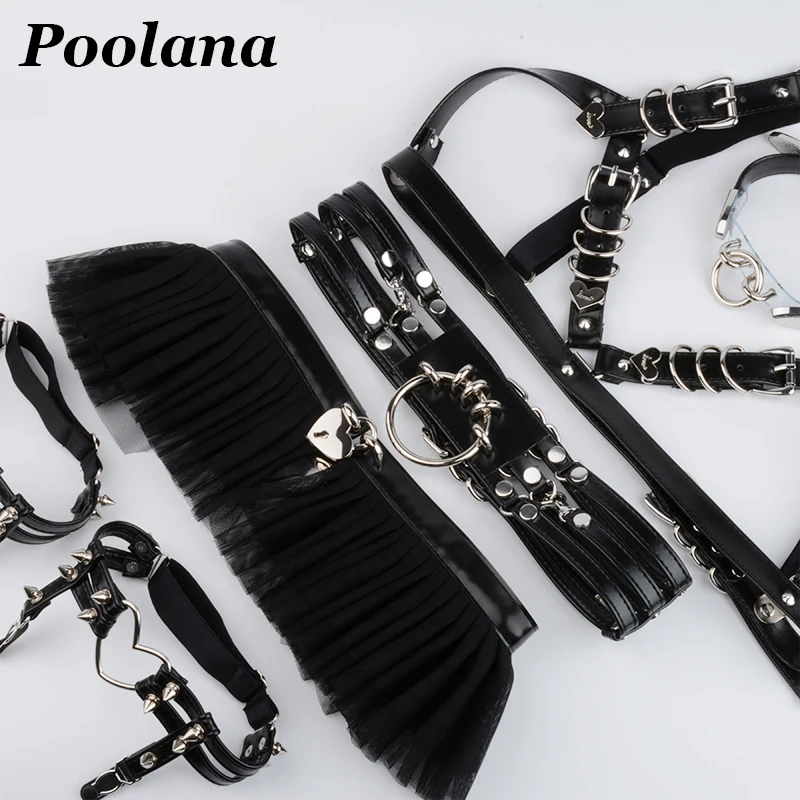 

1SET=6pc Cosplay Outfit Lolita Kawaii Choker Collar Harness PU Leather Bra Top Waist Belt Tutu Ruffle Studded Garter Belts