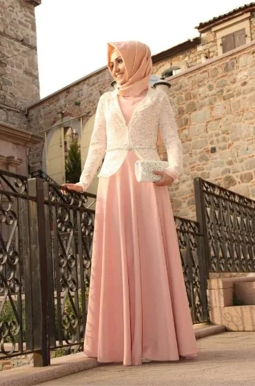 

Pink Chiffon Long Sleeve Muslim Evening Dresses 2017 Hijab Islamic Dubai Abaya Kaftan Lace Beads A-Line Evening Gowns Prom Dress