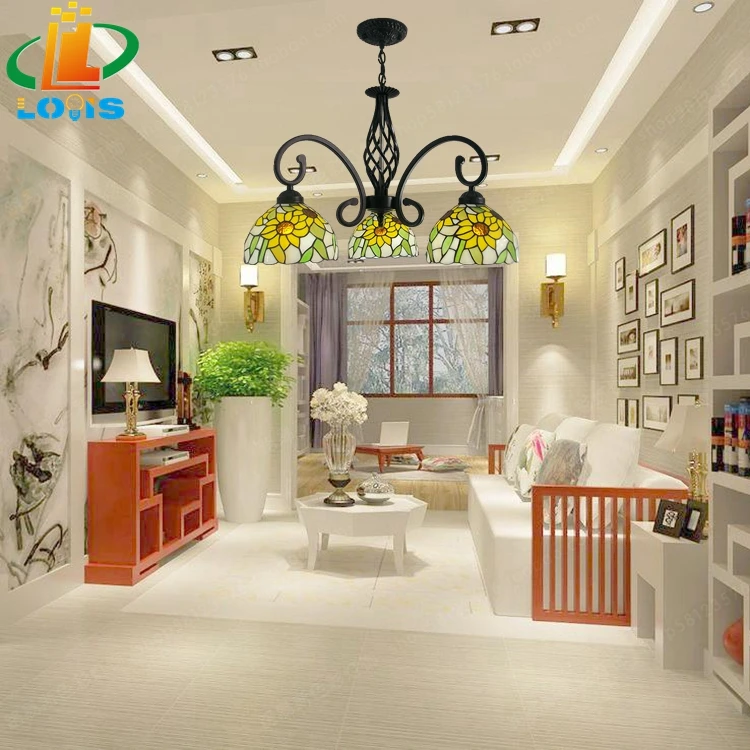 

3 American wrought iron chandelier light yellow sunflowers Tiffany table lamps bedroom living room restaurant lighting Art