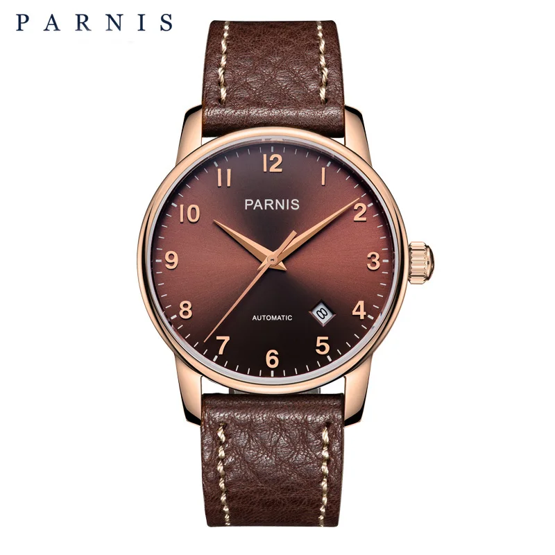 38 мм Parnis повседневные часы мужские стильные механические часы из натуральной кожи сапфировое серебро розовое золото мужские автоматические наручные часы - Цвет: 5
