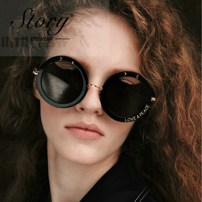 

STORY 2018 Letter Round Sunglasses Brand Designer Hollow Style Love & Peace Gradient Point Sun Glasses Femal Eyewear Shades