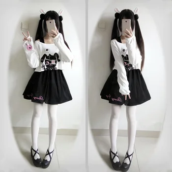 Rabbit Harajuku Dress Teens Girls 2 Pcs Suit Sweet Kawaii Short Dress Cute Bunny Print Long Sleeve Japanese Lolita Dress 2020