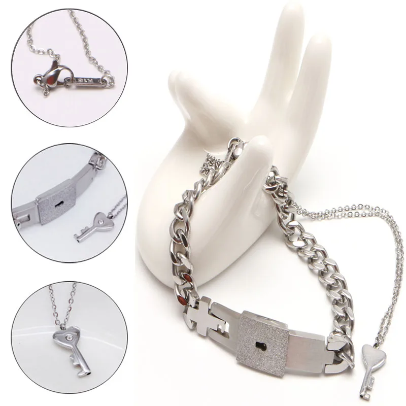 

Free delivery Couple Titanium Steel Lock Bangle Bracelet Key Pendant Necklace Love Sets Gift