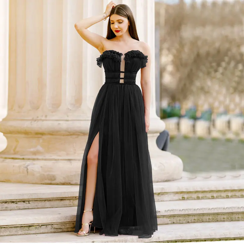 

Net yarn formal dress women elegant fashion Sleeveless Prom Dress Open fork evening dresses beautiful Party Gowns ever pretty