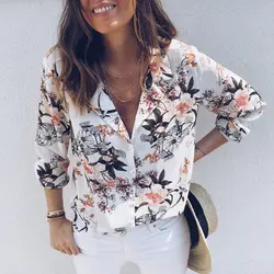 2018 Для женщин с цветочным принтом Топ с v-образным вырезом рубашка с длинными рукавами Повседневная блузка свободную рубашку