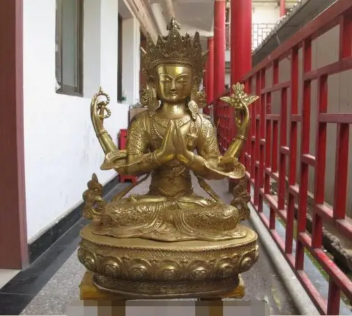 

song voge gem S6369 23"Tibet Buddhism Bronze carved Dragonn Four arm Kwan-yin Bodhisattva Statue
