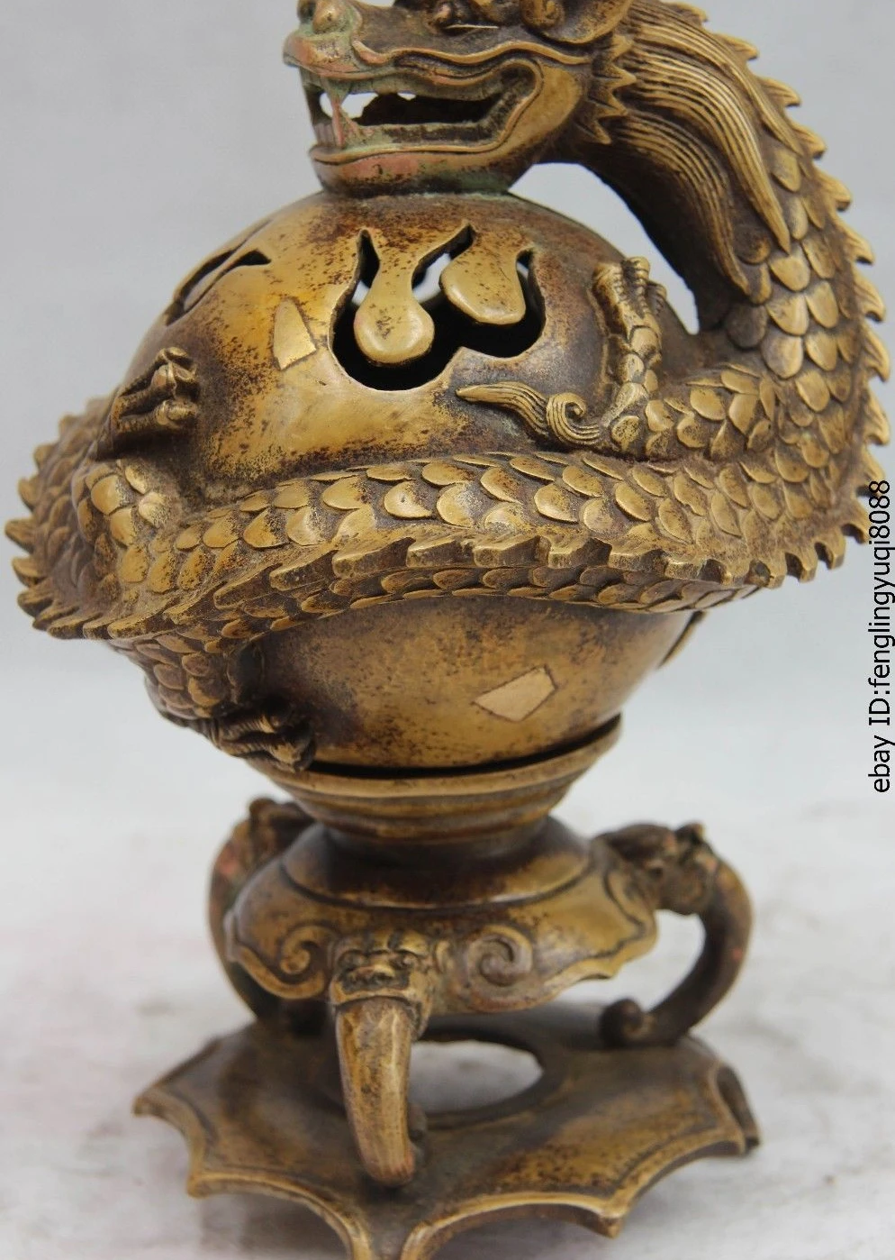 

9 China Folk Monastery Old Copper Bronze circle Dragon Pot Censer incense burner